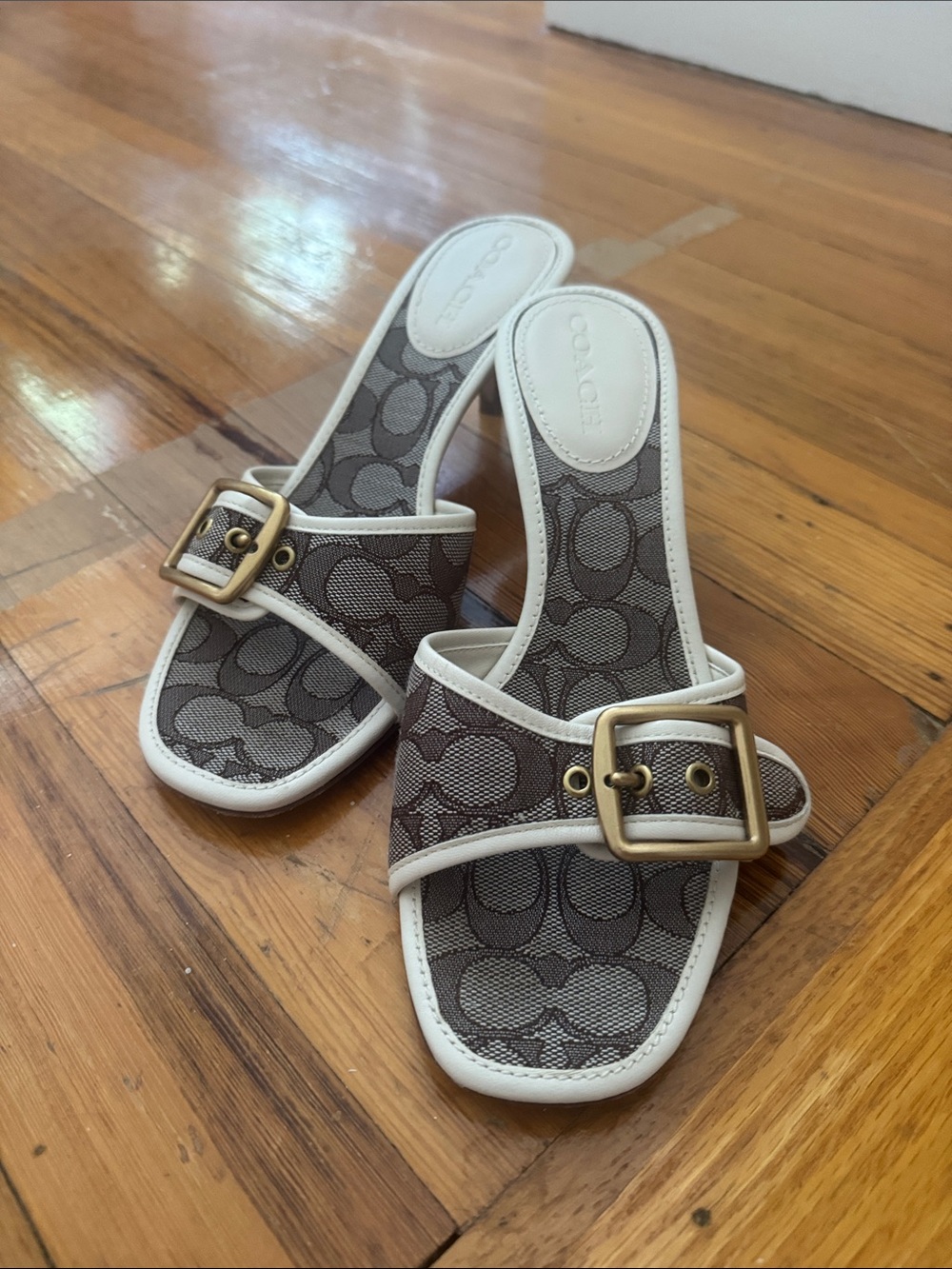 Coach Brown Monogram Slide Sandals with Ivory Trim and Gold Buckle